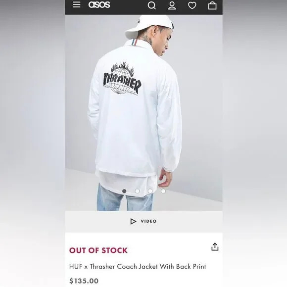 Thrasher Huf Large White Coat Black Print Streetwear